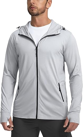 Men'S Upf 50+ Light Jacket Full Zip Sun Protection Hoodie Long Sleeve Sun Shirts For Men Hiking Fishing Zip Pockets