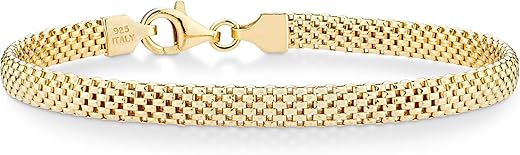 Miabella 18K Gold Over Sterling Silver Italian 5Mm Mesh Link Chain Bracelet For Women, 925 Made In Italy