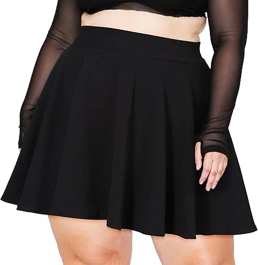 Moon Wood Women'S Plus Size Mini Skater Skirt- Basic Versatile High Waisted Flared Casual Stretchy Skirts