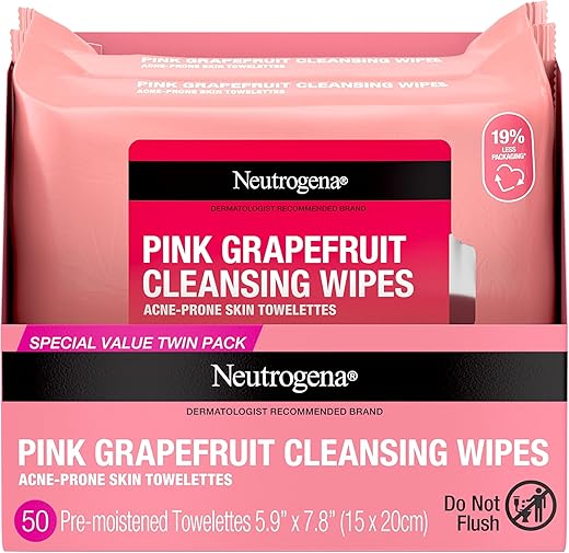 Neutrogena Makeup Remover Wipes, Facial Cleansing Wipes Suitable For Oily &Amp; Acne Prone Skin, Wipes Away Bacteria, Dirt &Amp; Oil, Scented Facial Wipes With Pink Grapefruit Extract, 25 Count (Pack Of 2)