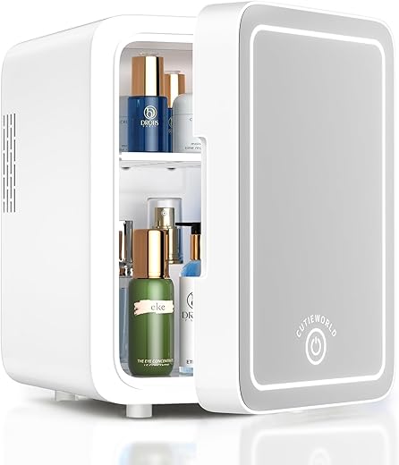 Skincare Fridge With Dimmable Led Light Mirror, 4L Makeup Mini Fridge For Bedroom, Car, Office &Amp; Dorm, Cooler &Amp; Warmer, Portable Small Refrigerator For Cosmetics, Skin Care And Food, White