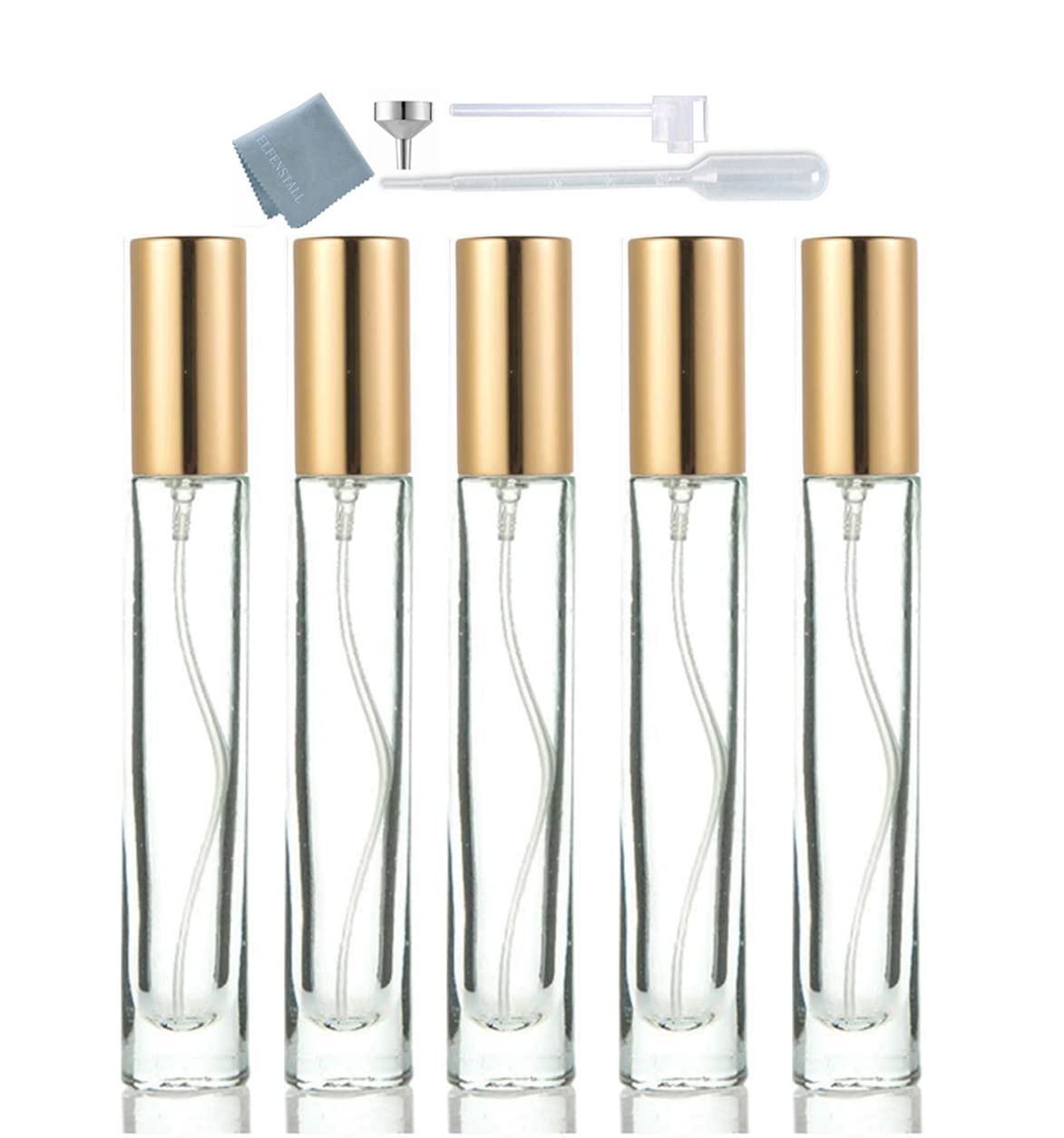 Thick Glass 5Pcs 10Ml 1/3Oz Gold Spray Bottle Refill Perfume Hydrating Fragrance Fine Mist Atomizer Cosmetic Container Round Tube Party Makeup Tool Travel Gift Sample