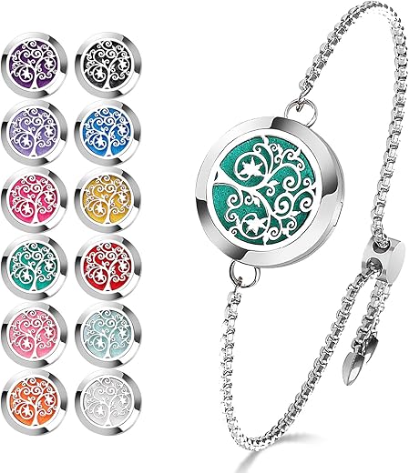 Ttstar Essential Oil Diffuser Bracelet Stainless Steel Aromatherapy Locket Adjustable Diffuser Bracelet With 24Pcs Refill Pads In 12 Colors Gift Set For Women Girls Mother'S Day Christma(Tree Of Hope)