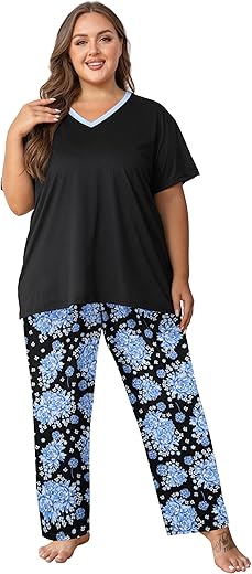 Vozanet Women'S Pajama Sets Short Sleeve With Long Pant Soft Sleepwear Printed Pj Loungewear With Two Pockets Size 1X To 5X