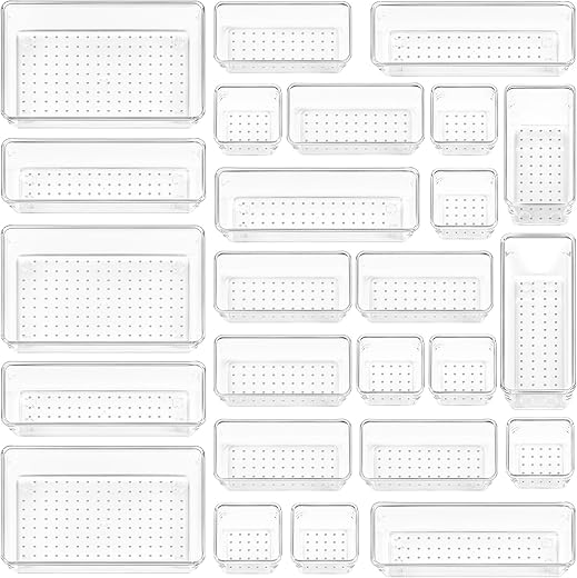 Vtopmart 25 Pcs Clear Plastic Drawer Organizers Set, 4-Size Versatile Bathroom And Vanity Drawer Organizer Trays, Storage Bins For Makeup, Bedroom, Kitchen Gadgets Utensils And Office
