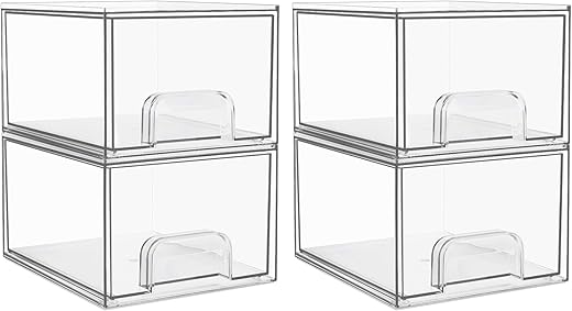 Vtopmart 4 Pack Clear Stackable Storage Drawers, 4.4'' Tall Acrylic Bathroom Makeup Organizer,Plastic Storage Bins For Vanity, Undersink, Kitchen Cabinets, Pantry, Home Organization And Storage