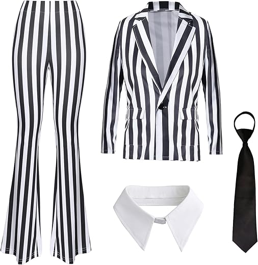 Women Black White Vertical Striped Kit Movie Slim Fit Suits Sexy Blazers Open Front Jacket With Pant Tie Halloween Cosplay