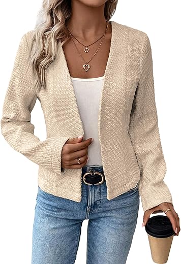 Women'S 2024 Fall Winter Tweed Blazer Collarless Cardigan Fully Lined Elegant Fitted Fashion Casual Work Jacket Suit