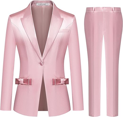 Women'S 2 Piece Satin Suit Double Side Bows One Button Peaked Lapel Outfits Party Wedding Blazer Jackets And Pants Set