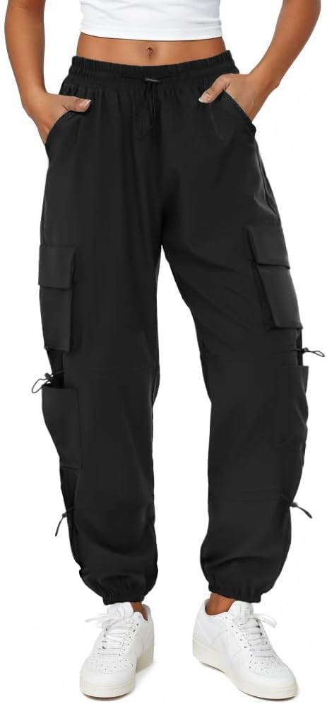 Womens Parachute Cargo Pants With Pockets Quick Dry Hiking Pants Lightweight Waterproof Baggy Joggers